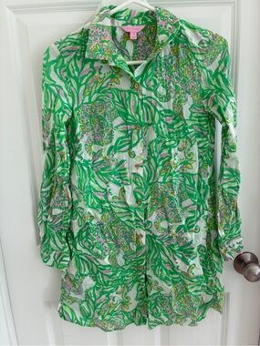 Lilly Pulitzer Green,Pink, Yellow Floral Print Shirt Dress or Swim Coverup XS